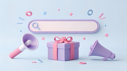 3d illustration of a pastel purple and pink gift box with a search bar and megaphones announcing a special offer or promotion