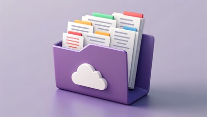 Modern 3d illustration of a purple file holder filled with documents and a cloud icon symbolizing digital data storage and organization