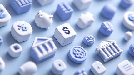 3D Rendering Of White Financial Icons On Light Blue Backgrounds