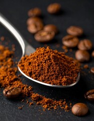 Ground coffee on spoon, coffee beans