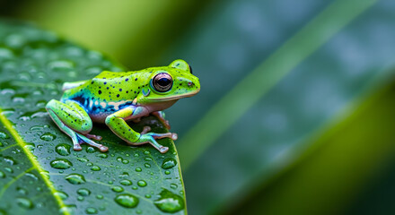 Obraz premium Vibrant tree frog perched on a verdant leaf glistening with fresh raindrops serenity