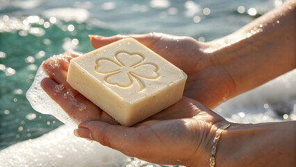 Woman's Hands Holding Natural Soap Bar with Four Leaf Clover Imprint in Water organic