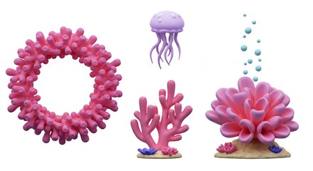 Pink coral reef cartoon graphics set