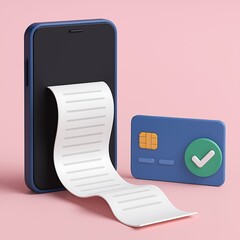 Stylized depiction of a mobile phone connected to payment receipt and a credit card object.