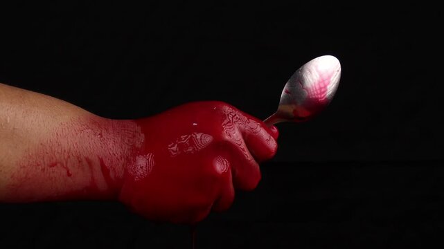 close up shot of Bloody hand holding a metal spoon, isolated on black background. Dark and violent concept suitable for horror, Halloween, thriller, or dramatic editorial illustrations.
