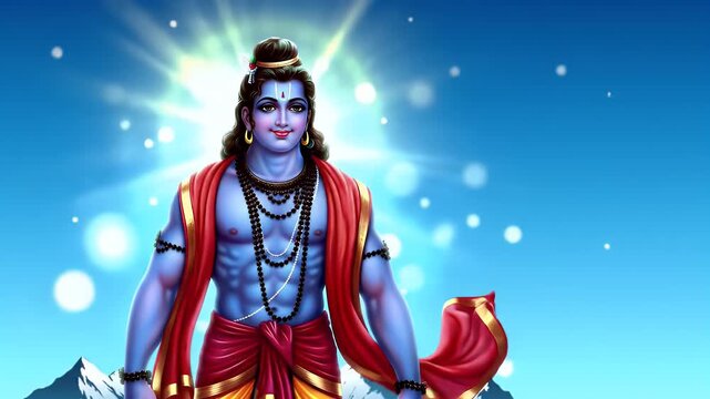Artistic animation of Lord Ram standing on mountain peak with spiritual aura, blue sky gradient with floating sparkles