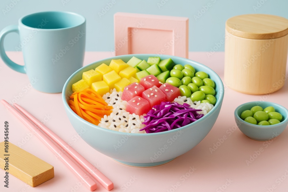 Poster colorful poke bowl with vegetables and rice in pastel setting with abstract minimal background and l