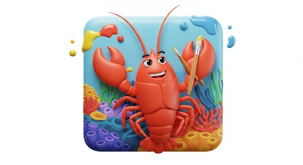 Smiling lobster painting in coral reef illustration