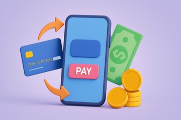 Stylized render depicts digital mobile payment with credit card, cash, and gold coins, and arrows