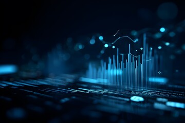 A dark blue background with glowing data visualization graphics of graphs and charts. The focus is on the holographic appearance of digital bar graphs,