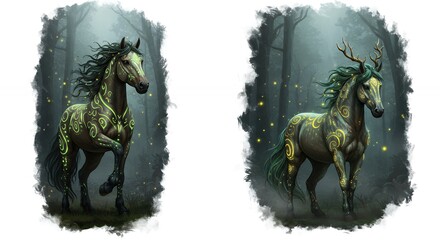 Two fantasy horses in a mystical forest