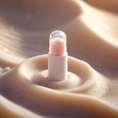 Minimalist glass bottle on rippling sand dunes with warm sunset light.