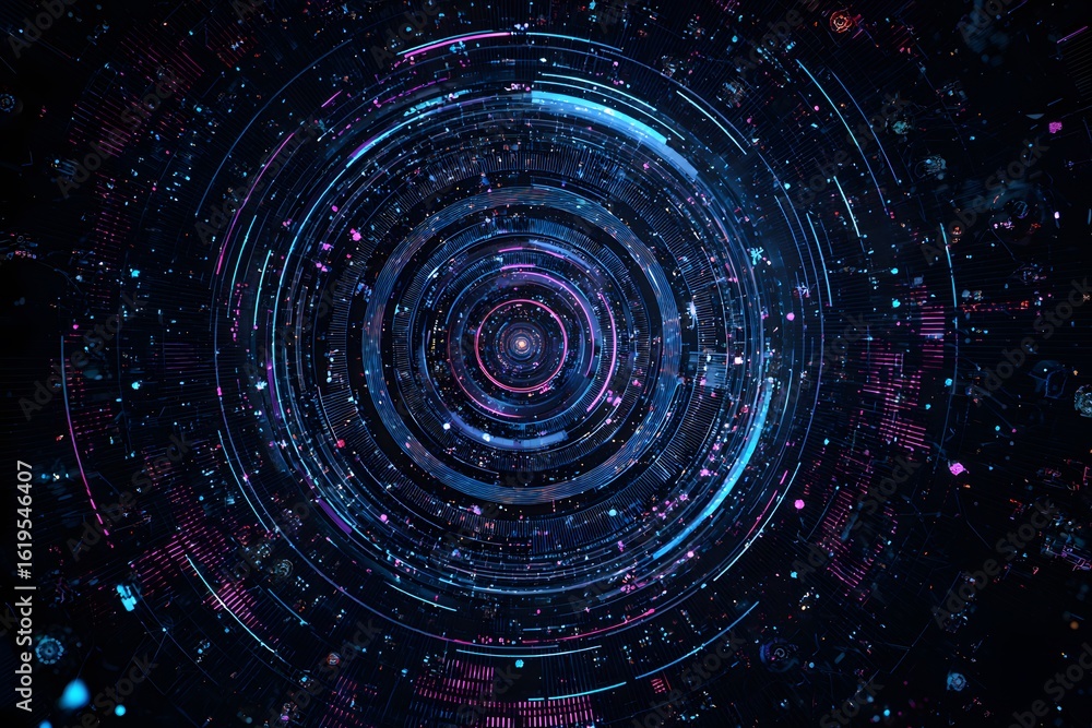 Poster a dark background with blue and purple neon lights forming an intricate circular pattern, surrounded