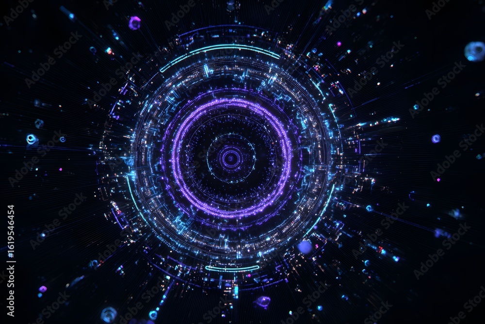 Poster a dark background with blue and purple neon lights forming an intricate circular pattern, surrounded