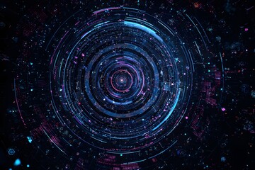 A dark background with blue and purple neon lights forming an intricate circular pattern, surrounded by glowing data points and lines representing digital technology.