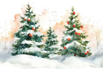 Watercolor Christmas landscape winter forest scene in snow with pine trees with toys decor, Countryside watercolor landscape illustration of winter