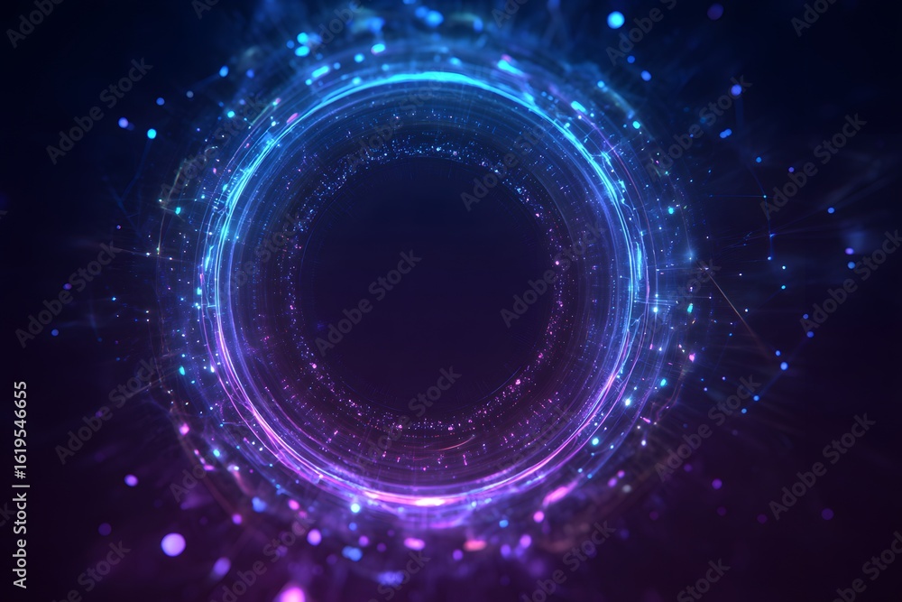 Poster a dark background with blue and purple neon lights forming an intricate circular pattern, surrounded