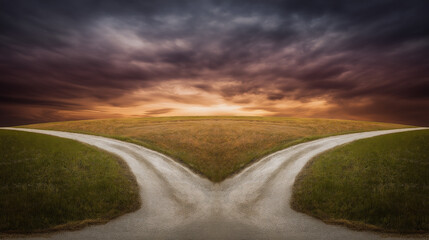 A dramatic split in the road under a moody sky, symbolizing life's pivotal choices.