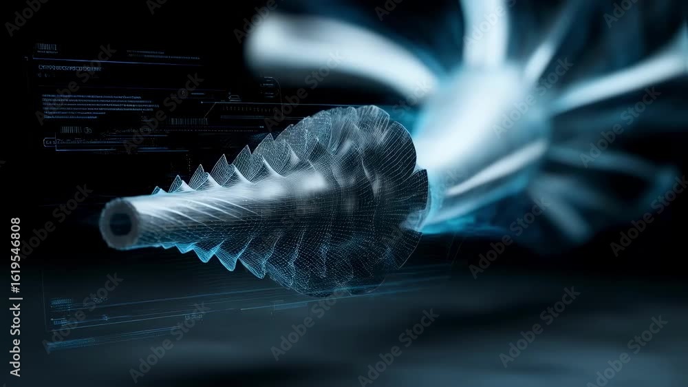 Poster hologram data analysis showing futuristic turbine rotating and generating power, showcasing innovati