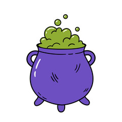 Bright purple cauldron with bubbling green potion. Hand drawn vector illustration.