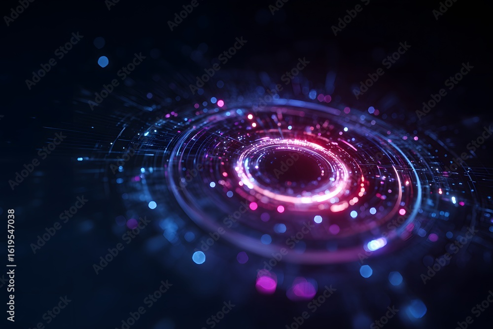 Poster a dark background with blue and purple neon lights forming an intricate circular pattern, surrounded