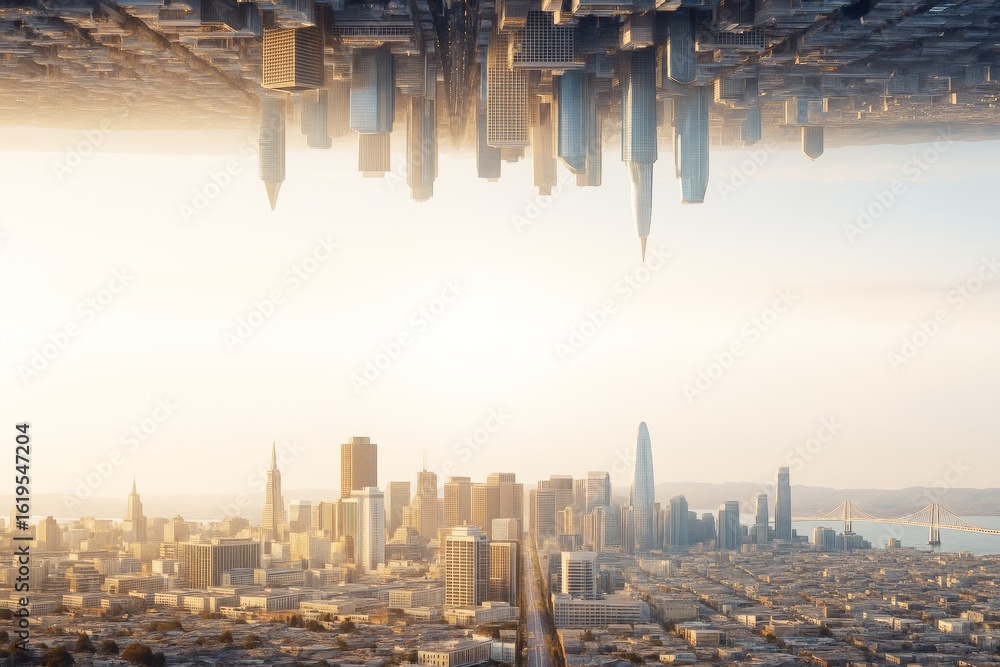 Poster surreal mirrored cityscape with inverted skyline and soft morning light creating a futuristic urban 