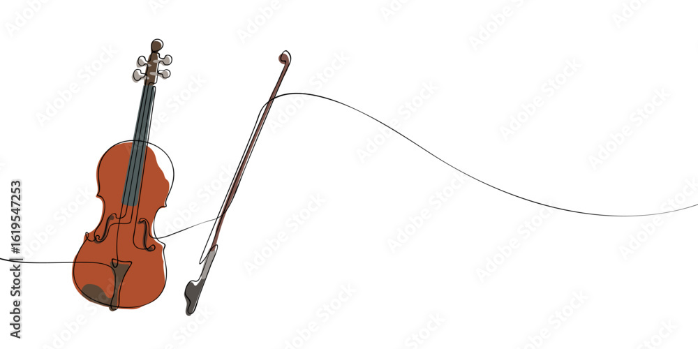 Poster single line drawing of a violin with bow. colored continuous line fiddle icon. vector illustration.