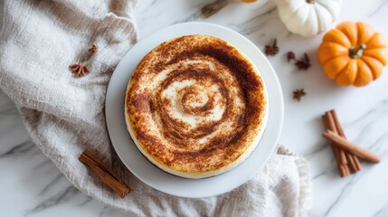 A pumpkin spice cheesecake topped with cinnamon swirl, captured from above on a white elegant background.