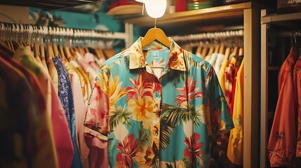 Fototapeta premium Vibrant floral shirt hanging in closet for tropical vacation style inspiration and summer fashion trends