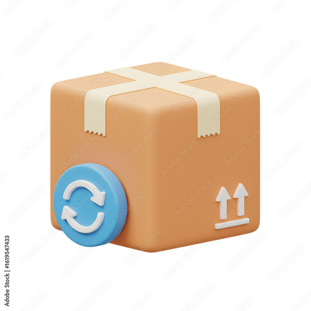 Poster 3d rendered cardboard box with return symbol on transparent background