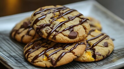 Delicious chocolate chip cookies drizzled with chocolate sauce for a sweet treat indulgence