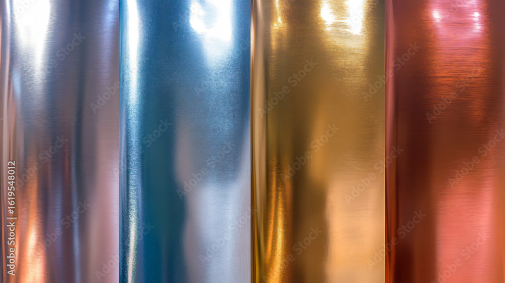 Aufkleber group of shiny metallic foils displaying a variety of colors and textures for creative design use
