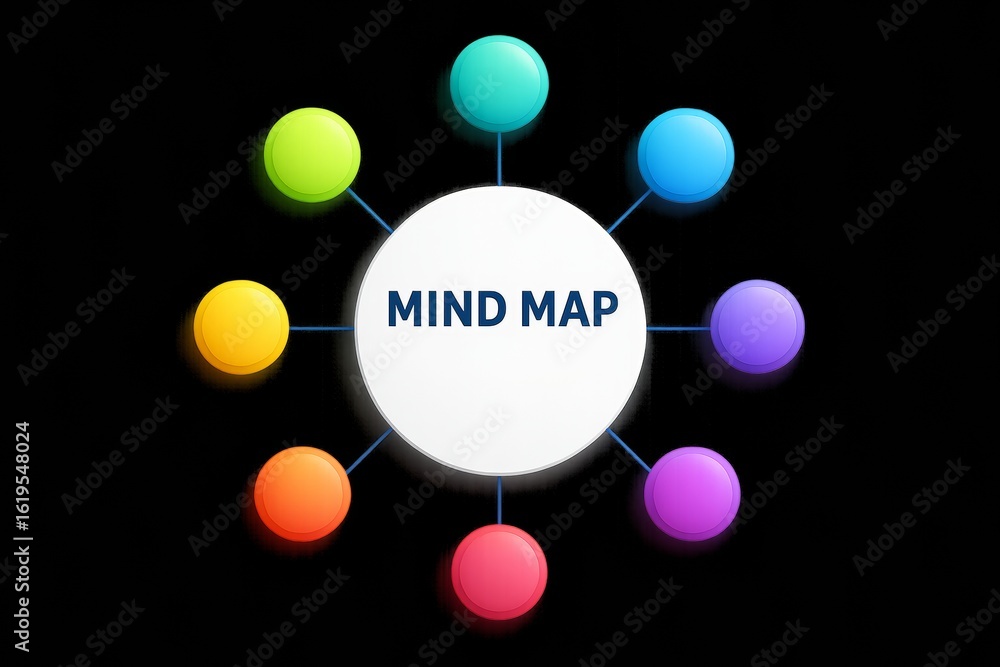 Poster colorful abstract mind map diagram with central white circle and eight surrounding nodes on black ba