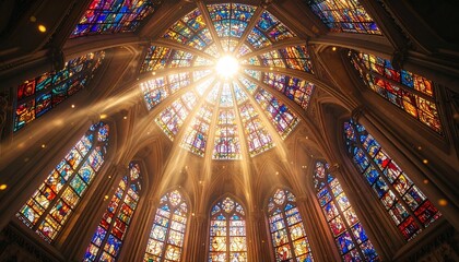 Stained glass dome ceiling with bright sunburst.