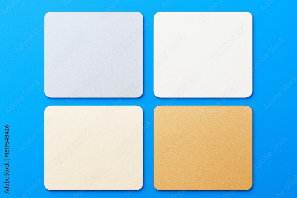 Aufkleber set of four rounded square paper cards in pastel tones arranged on vibrant blue background, minimal 