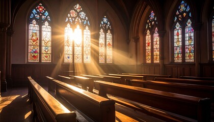 Morning light entering gothic church, illuminating wooden pews.