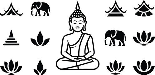 A collection of black and white vector illustrations featuring buddha and thai symbols