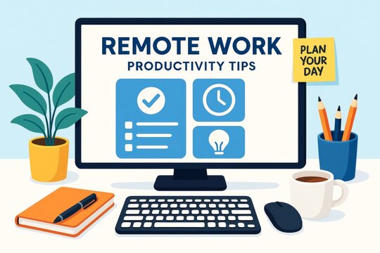 Remote work productivity tips displayed on a desktop monitor with office items on table and light blue background in flat abstract graphic style. Ai generative