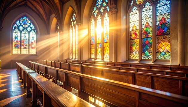 Sunlight beaming through cathedral arches, warm golden glow. - Powered by Adobe