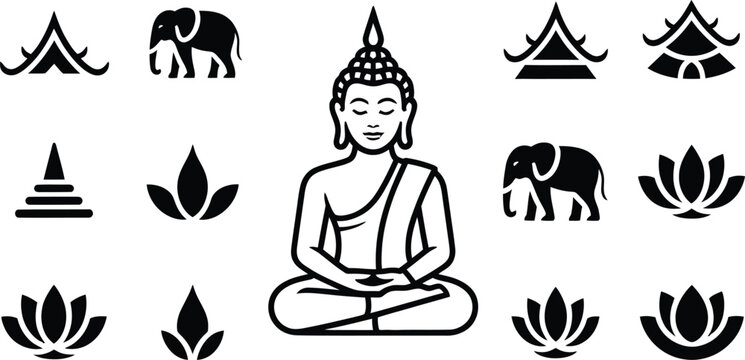 A collection of black and white vector illustrations featuring buddha and thai symbols