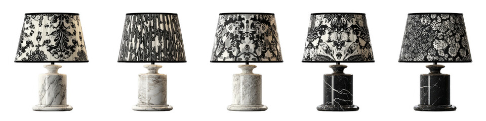 Five table lamps with patterned shades