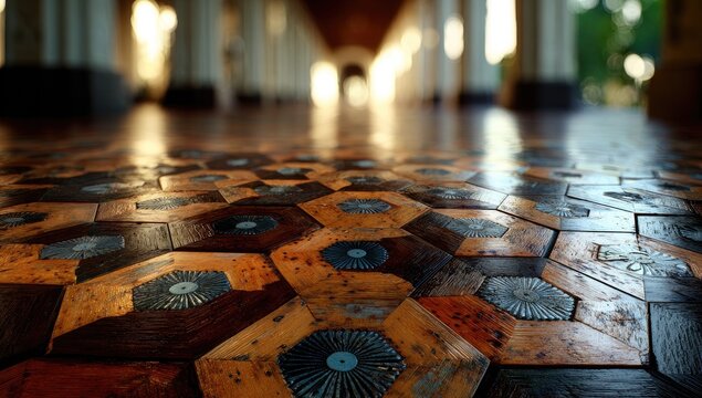 Detailed wooden hexagonal floor, sunlit colonnade
