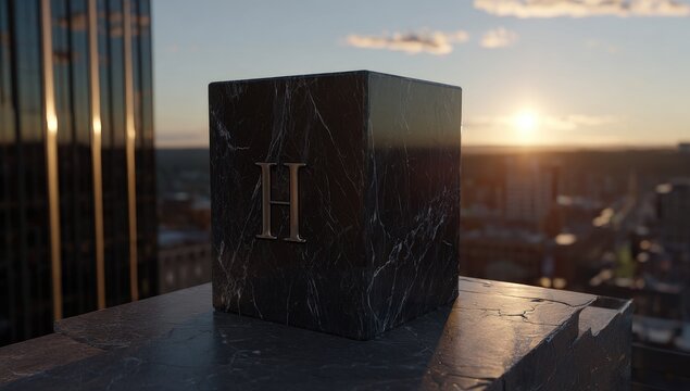 Dark marble cube with letter "H