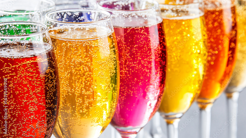 Aufkleber row of glasses filled with different colored liquids creating a vivid and colorful display