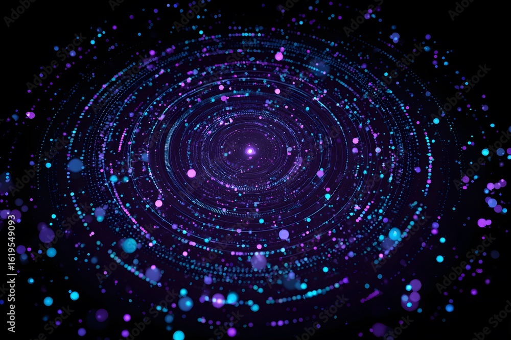Poster a circular pattern of glowing blue and purple data points on a black background, with a central poin