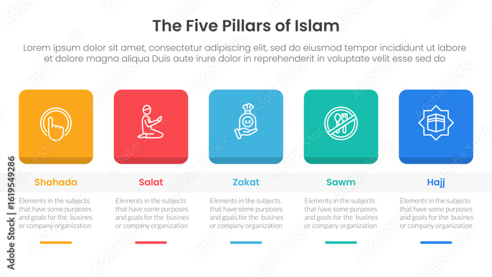 Poster five pillars of islam infographic template banner with round square box header and table with 5 poin