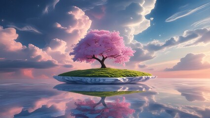 Floating Marble Island with Blossoming Sakura Tree