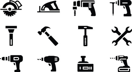 Obraz premium A collection of twelve black and white tool icons arranged on a gray background