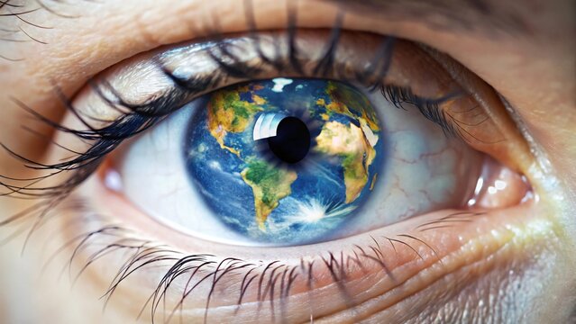 Close up of a human eye with a world map reflected in the iris global earth