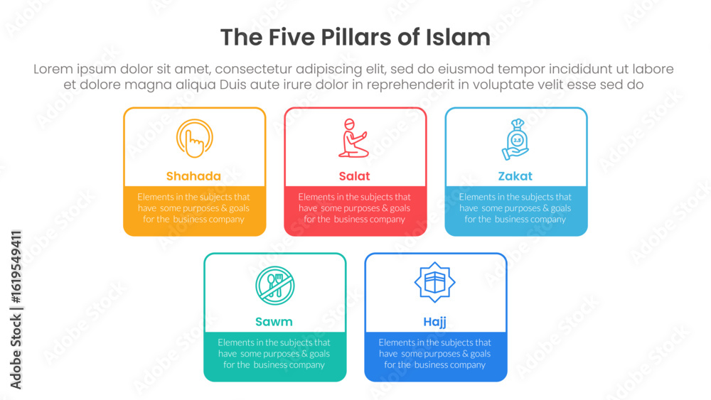 Poster five pillars of islam infographic template banner with square rectangle box outline with 5 point lis